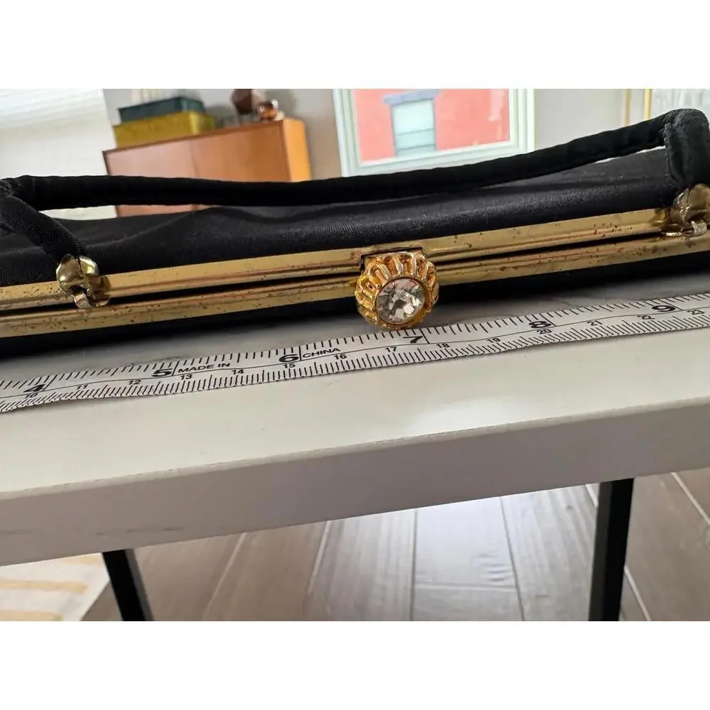 Vintage Evening Bag Clutch Gold Rhinestone Black Satin